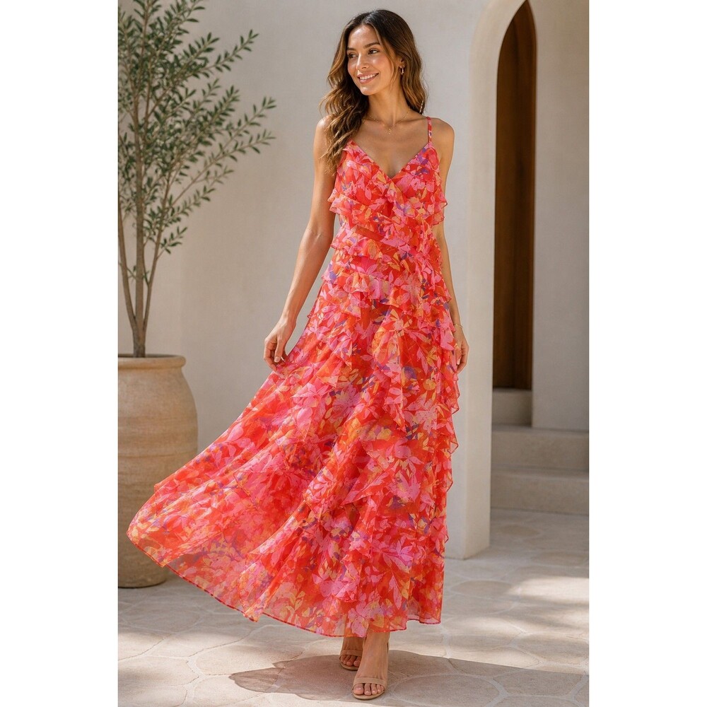 Eliza J Womens 14 Floral Ruffle Maxi Dress Coral Pink Chiffon Tiered Formal